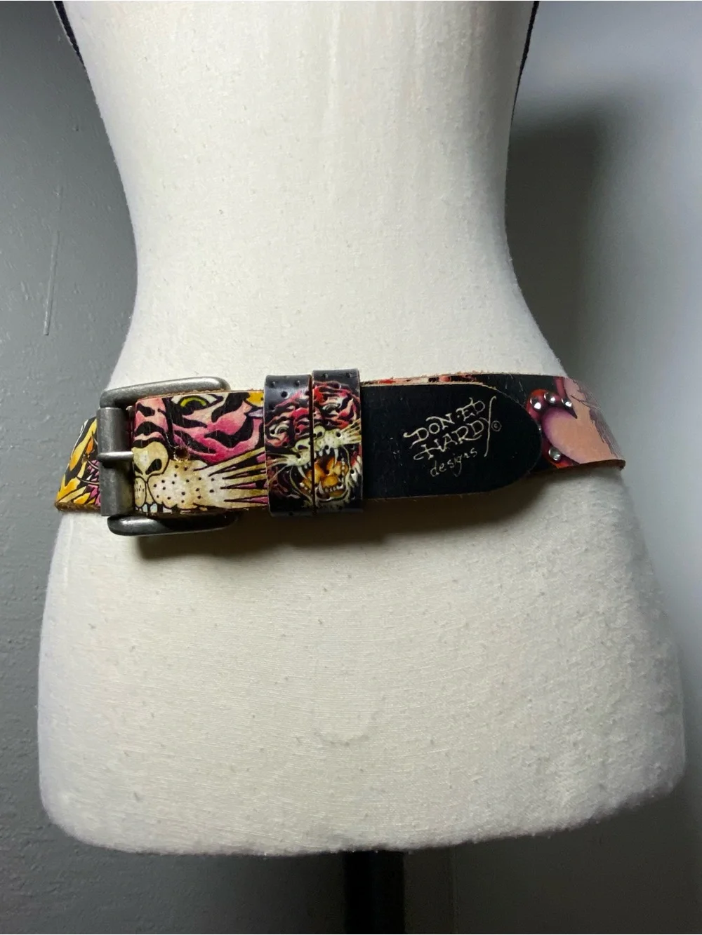 Y2K Ed Hardy Black Pink Yellow Tiger Branded Rhinestone Belt Size Small